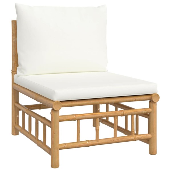 Set de muebles de jardín 5 piezas bambú y cojines blanco crema