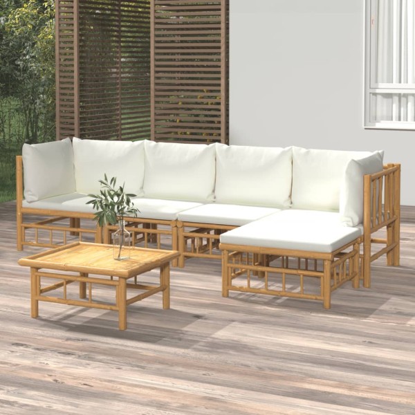 Set de muebles de jardín 6 piezas bambú y cojines blanco crema