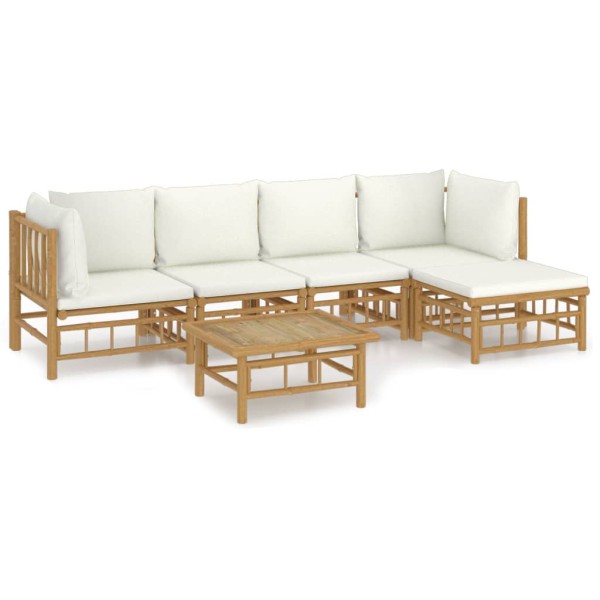 Set de muebles de jardín 6 piezas bambú y cojines blanco crema