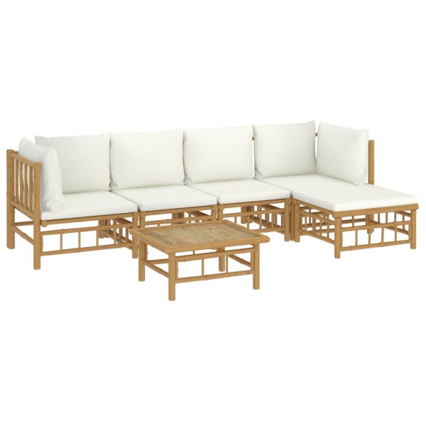 Set de muebles de jardín 6 piezas bambú y cojines blanco crema