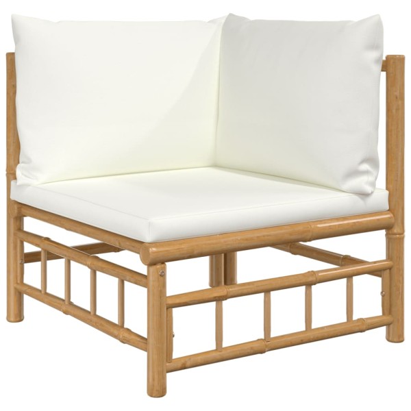 Set de muebles de jardín 6 piezas bambú y cojines blanco crema