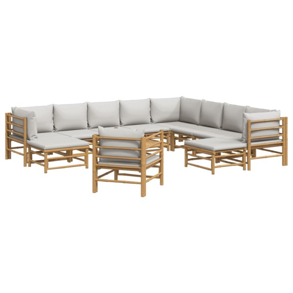 Set de muebles de jardín 12 piezas bambú y cojines gris claro