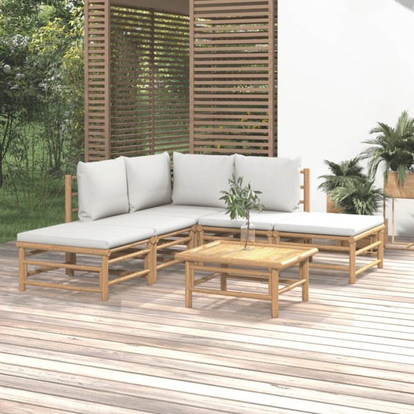 Set de muebles de jardín 6 piezas bambú con cojines gris claro