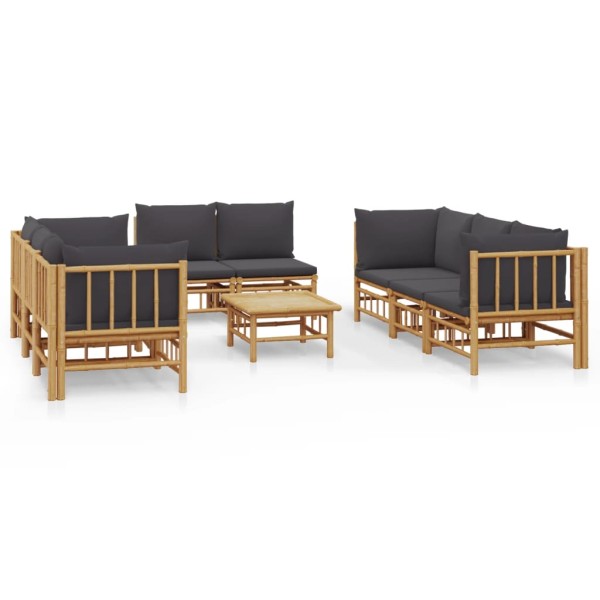 Set de muebles de jardín 9 piezas bambú con cojines gris oscuro