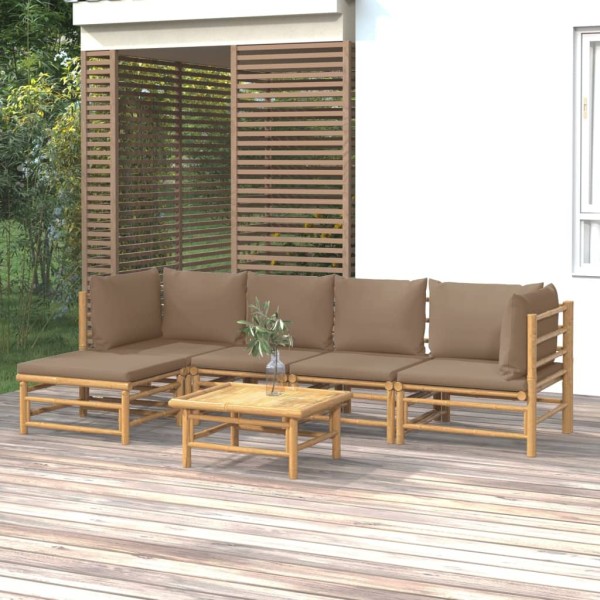 Set de muebles de jardín 6 piezas bambú con cojines gris taupé