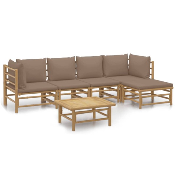 Set de muebles de jardín 6 piezas bambú con cojines gris taupé