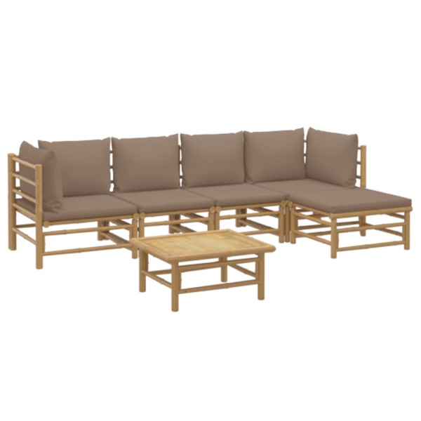 Set de muebles de jardín 6 piezas bambú con cojines gris taupé