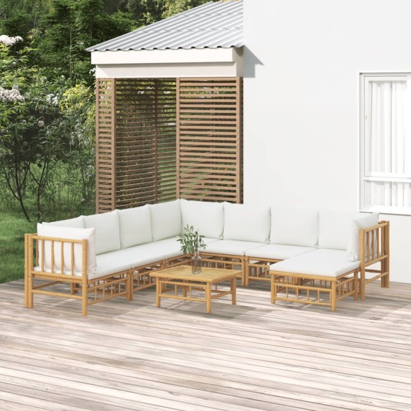 Set de muebles de jardín 9 piezas bambú y cojines blanco crema