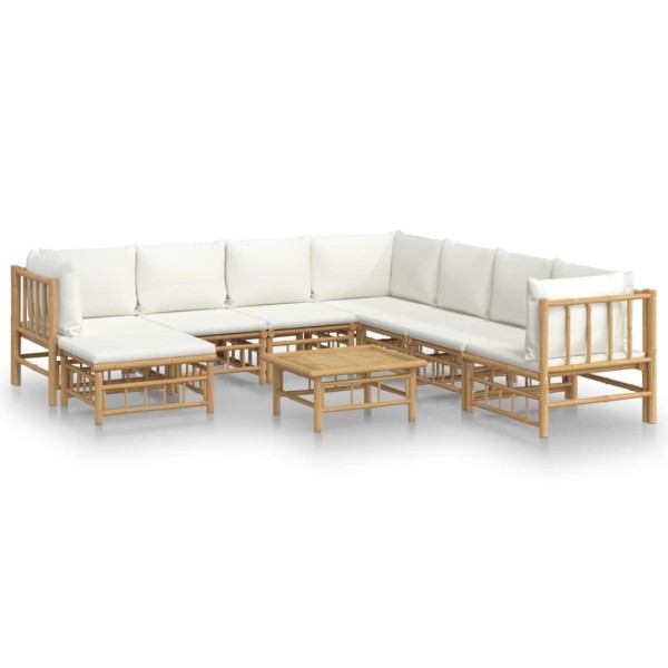 Set de muebles de jardín 9 piezas bambú y cojines blanco crema