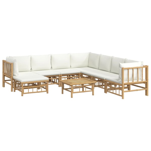 Set de muebles de jardín 9 piezas bambú y cojines blanco crema