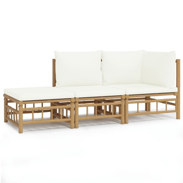 Set de muebles de jardín 3 piezas bambú y cojines blanco crema