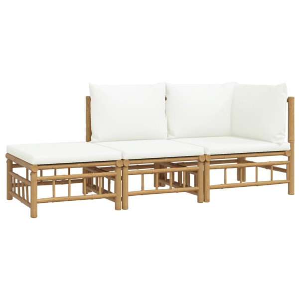 Set de muebles de jardín 3 piezas bambú y cojines blanco crema