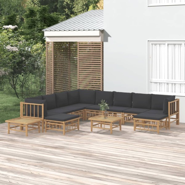 Set de muebles de jardín 12 pzas bambú con cojines gris oscuro