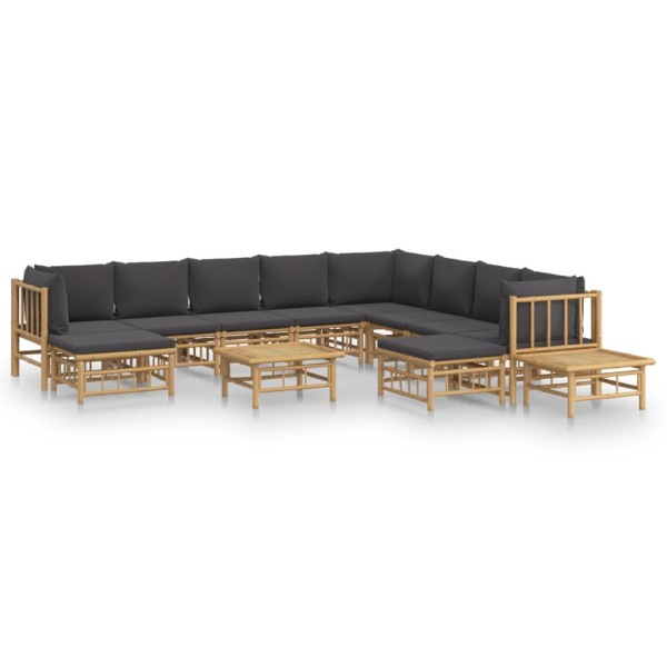 Set de muebles de jardín 12 pzas bambú con cojines gris oscuro