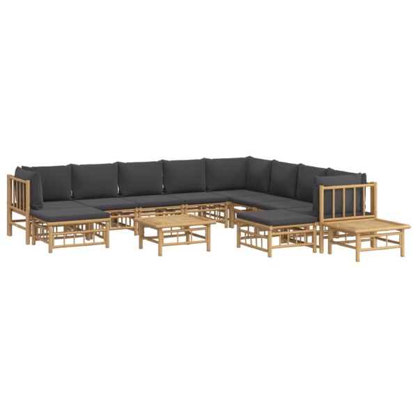 Set de muebles de jardín 12 pzas bambú con cojines gris oscuro