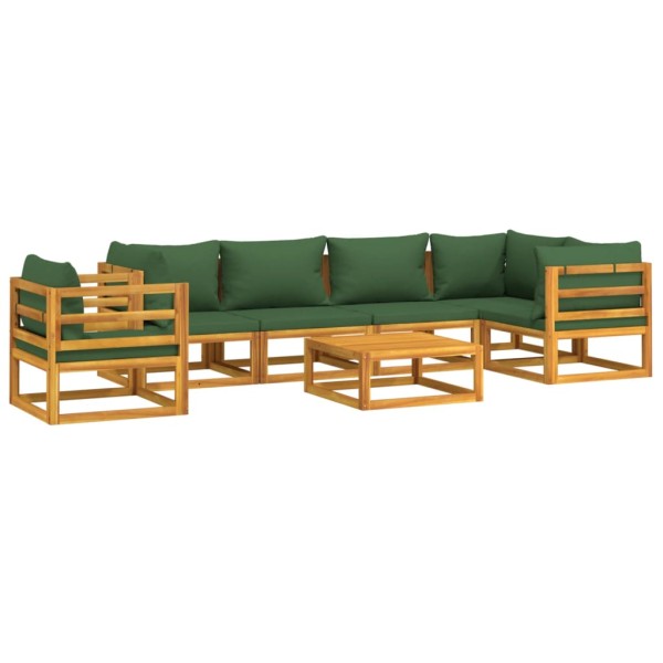 Juego muebles de jardín 7 piezas madera maciza y cojines verdes