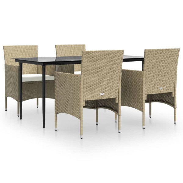 Juego de comedor de jardín 5 piezas con cojines beige y negro