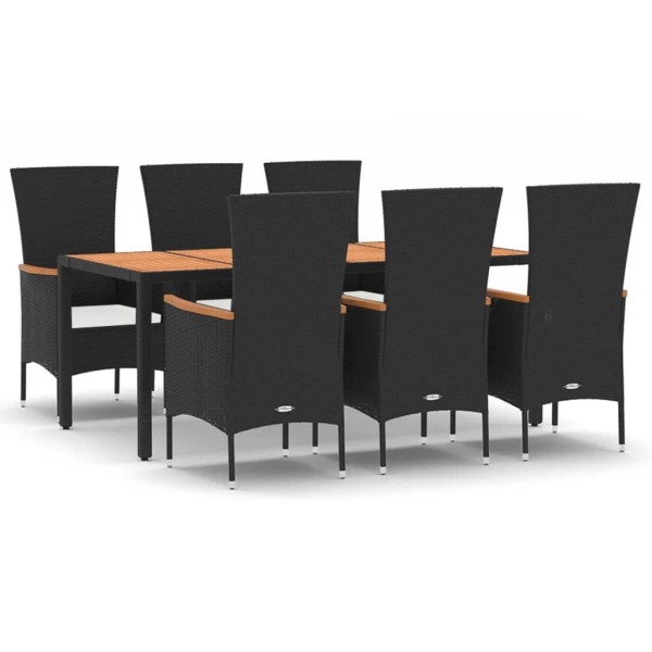 Set de comedor de jardín 7 pzas y cojines ratán sintético negro