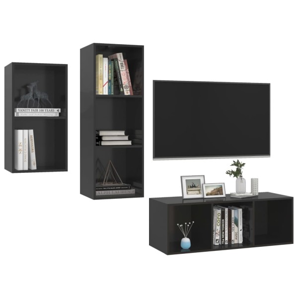 Set de mueble para TV 3 pzas madera contrachapada negro brillo