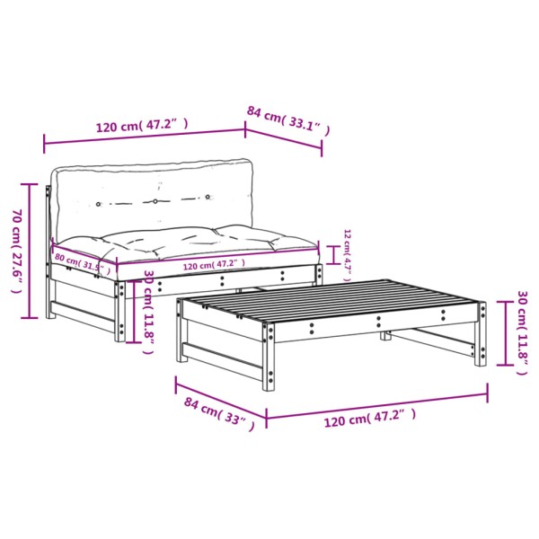 Juego muebles jardín 2 pzas y cojines madera maciza marrón miel