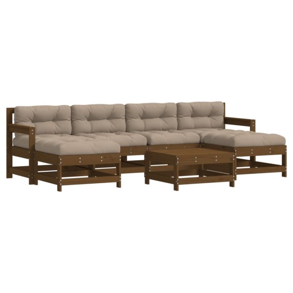 Juego muebles jardín 7 pzas y cojines madera maciza marrón miel