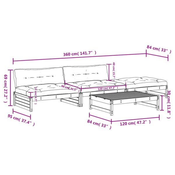 Juego de muebles de jardín 4 pzas y cojines madera maciza gris