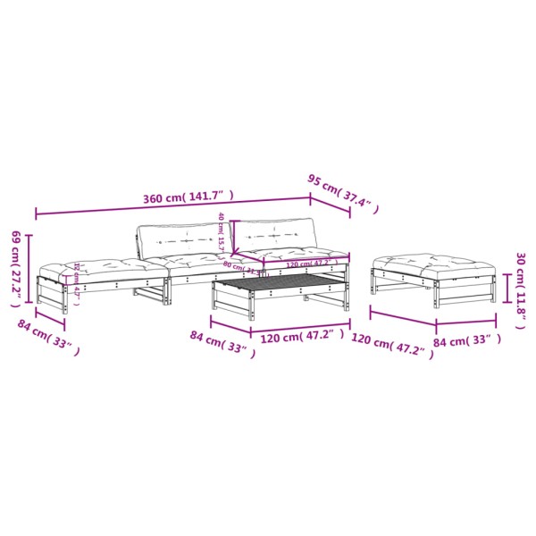 Juego de muebles jardín 5 piezas y cojines madera maciza gris