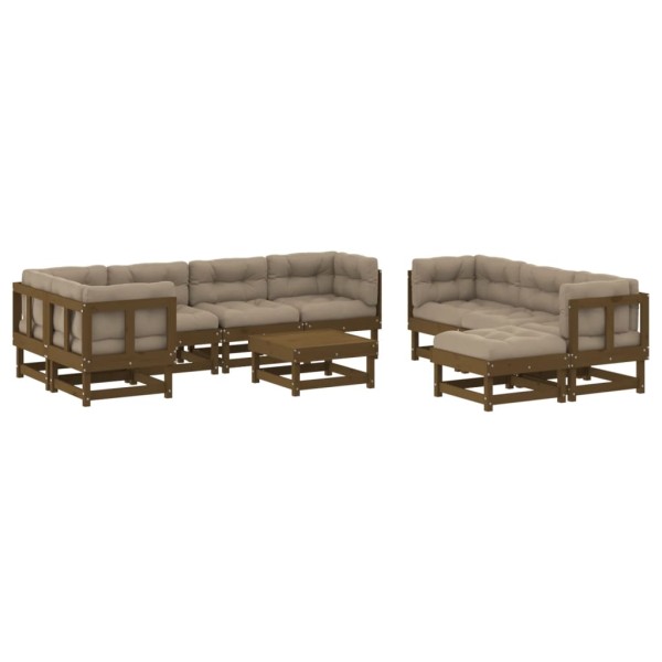 Set muebles jardín 10 pzas y cojines madera maciza marrón miel