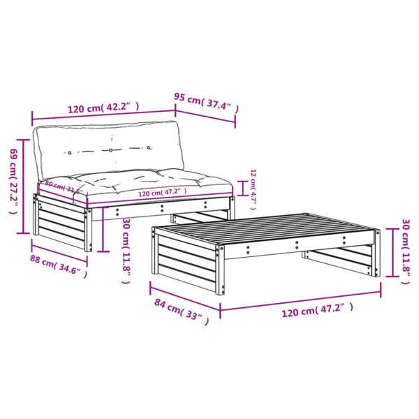 Juego de muebles de jardín 2 pzas y cojines madera maciza gris