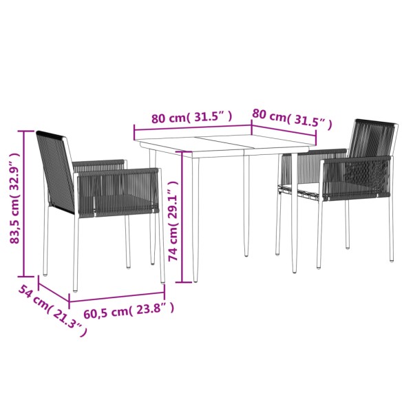 Set comedor jardín 3 pzas y cojines acero ratán sintético negro