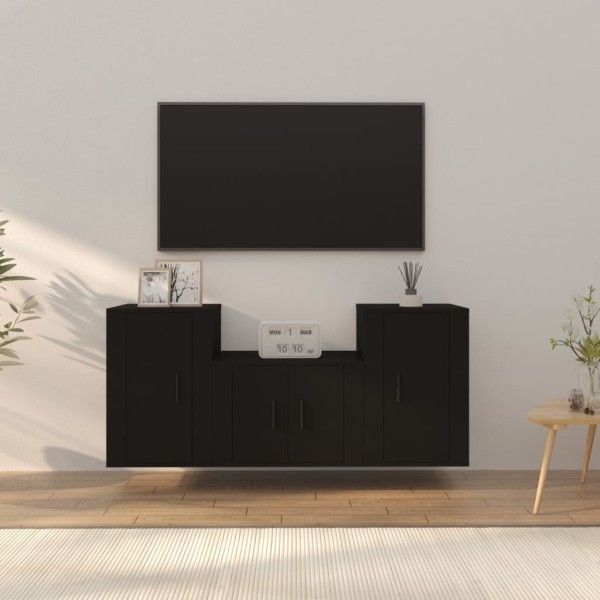 Set de muebles para TV 3 piezas madera contrachapada negro