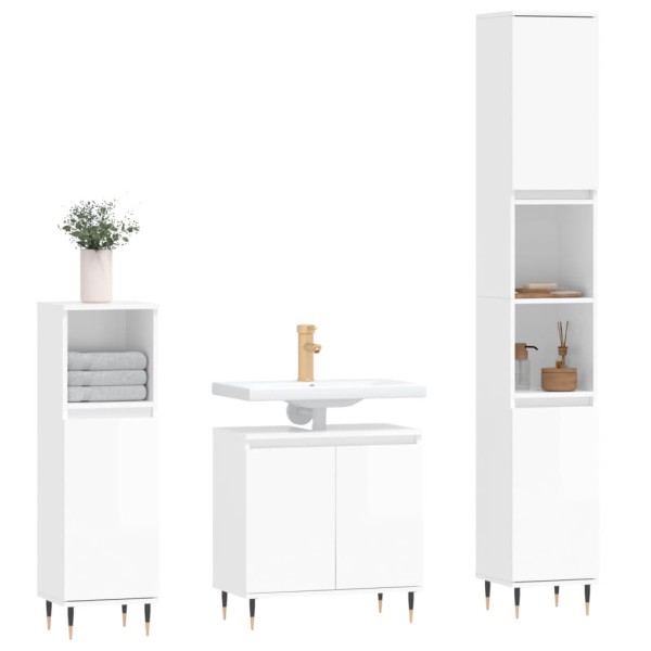 Set muebles de baño 3 piezas madera contrachapada blanco brillo