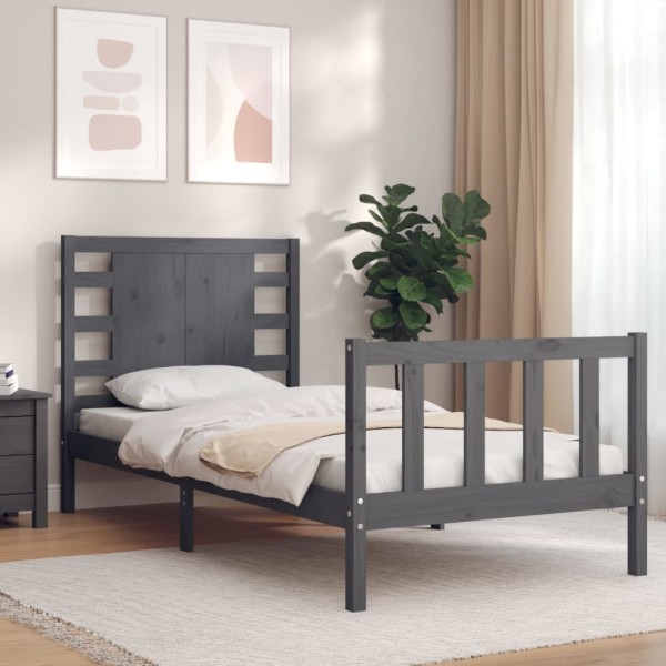 Estructura de cama individual con cabecero madera maciza gris