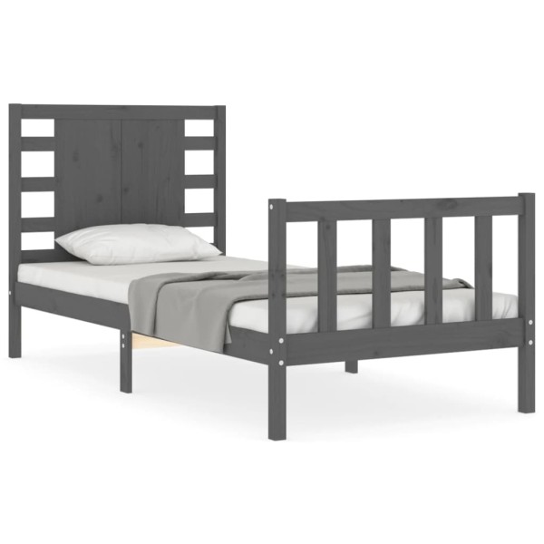 Estructura de cama individual con cabecero madera maciza gris