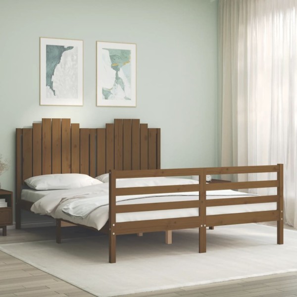 Estructura de cama matrimonio con cabecero madera marrón miel