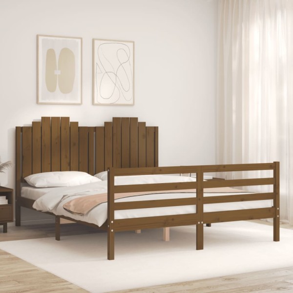 Estructura de cama matrimonio con cabecero madera marrón miel