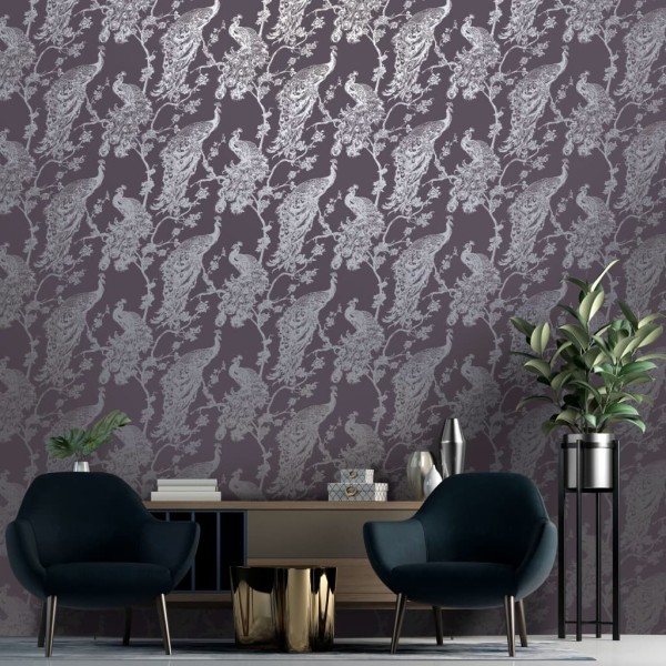 DUTCH WALLCOVERINGS Papel pintado pavo real morado y plateado