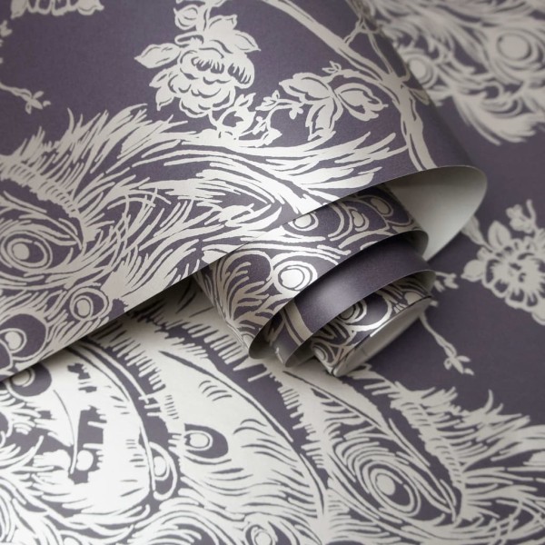 DUTCH WALLCOVERINGS Papel pintado pavo real morado y plateado