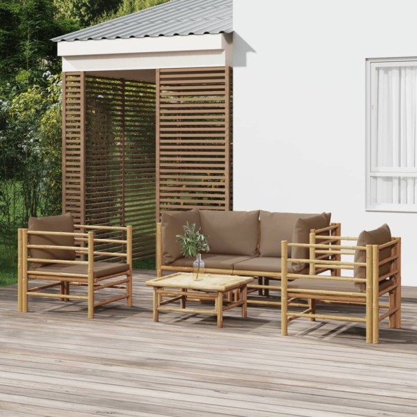 Set de muebles de jardín 5 piezas bambú y cojines gris taupé