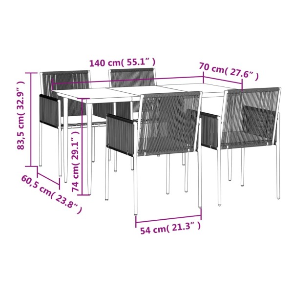 Set comedor jardín 5 pzas y cojines acero ratán sintético negro