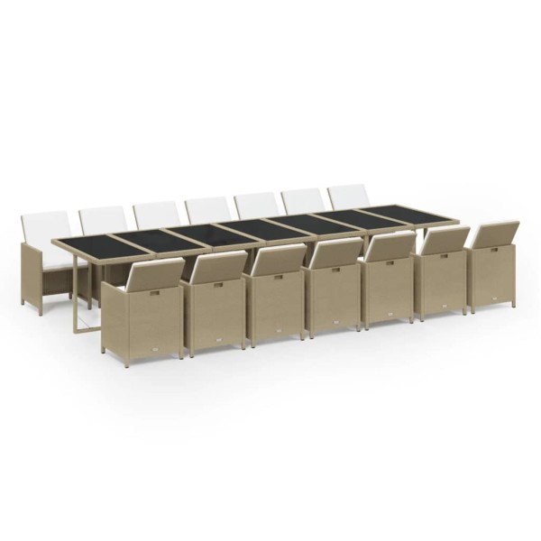 Set comedor de jardín 15 pzas con cojines ratán sintético beige