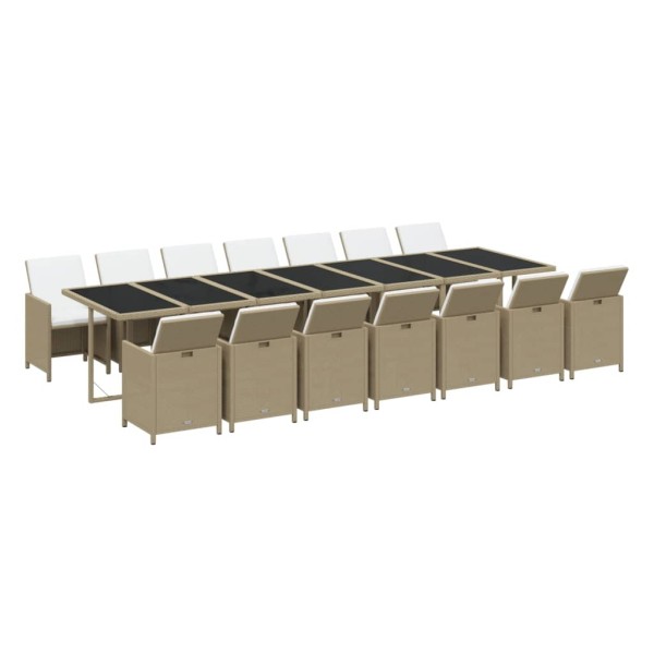 Set comedor de jardín 15 pzas con cojines ratán sintético beige