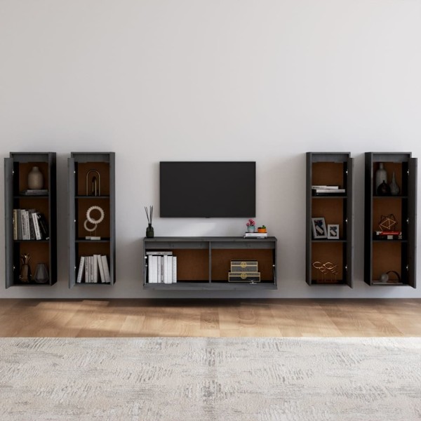 Muebles para TV 5 piezas madera maciza de pino gris