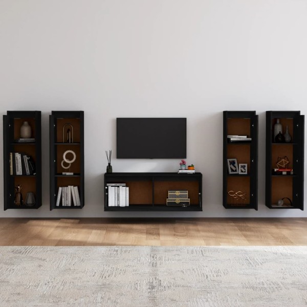 Muebles para TV 5 piezas madera maciza de pino negro