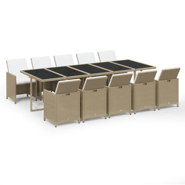 Set comedor de jardín 11 piezas y cojines ratán sintético beige