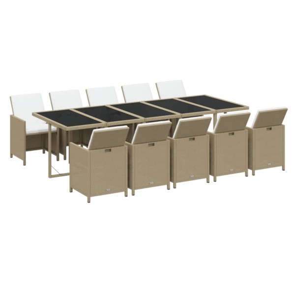 Set comedor de jardín 11 piezas y cojines ratán sintético beige