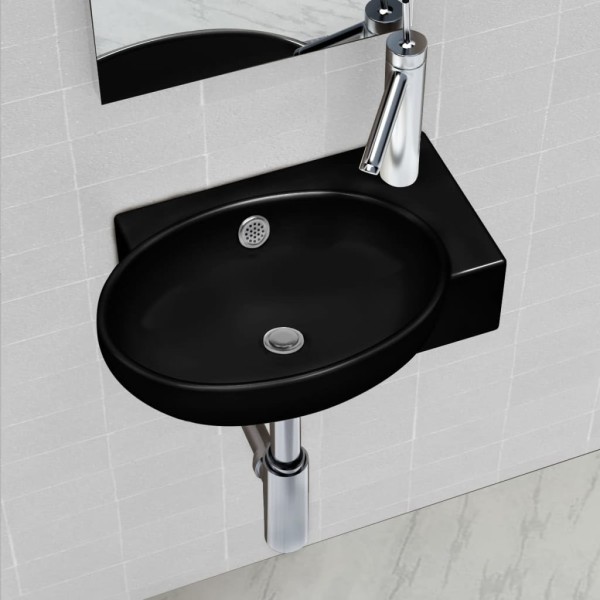 Lavabo redondo de cerámica con orificio de grifo/desagüe negro