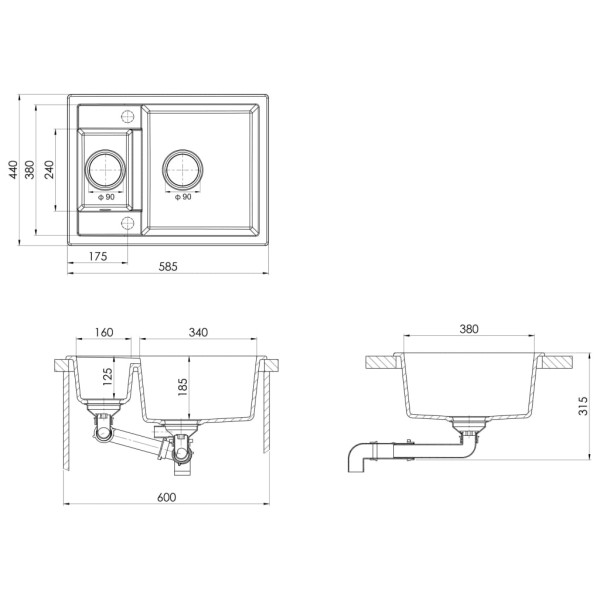 Fregadero de cocina doble seno con rebosadero granito blanco