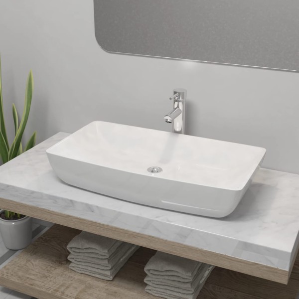 Lavabo de baño rectangular con grifo mezclador cerámica blanco