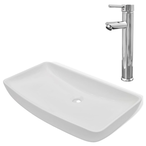 Lavabo de baño rectangular con grifo mezclador cerámica blanco